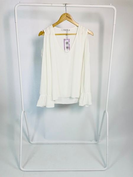 Blusa seda branca gola v manga longa com decote nos ombros ATEEN