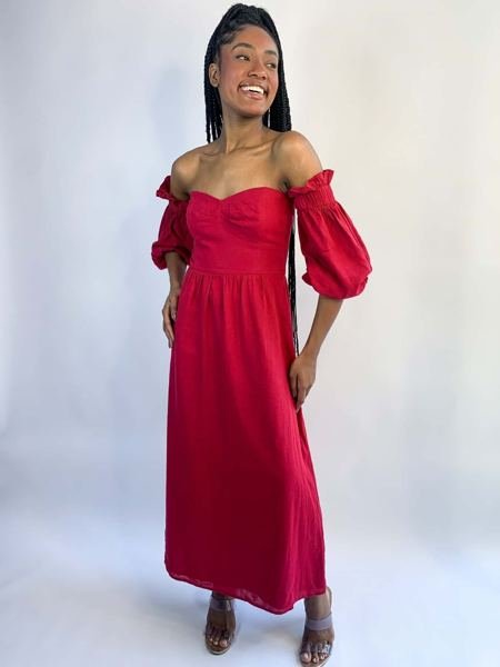 Vestido vinho midi com manga bufante IORANE