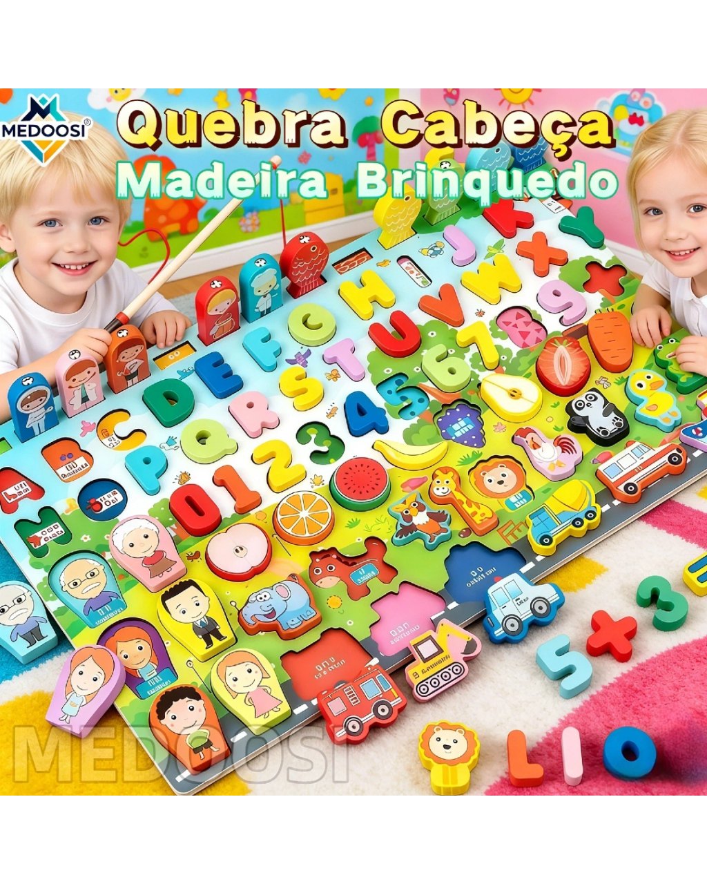 Quebra-Cabeça Montessori de Madeira com Pesca Magnética