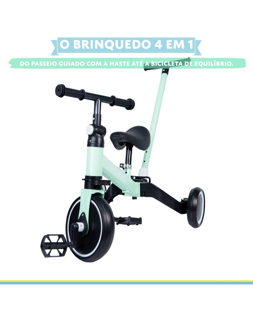 Triciclo 4 em 1 com Haste de Empurrar e Bicicleta de Equilíbrio - Rosa, foto 3