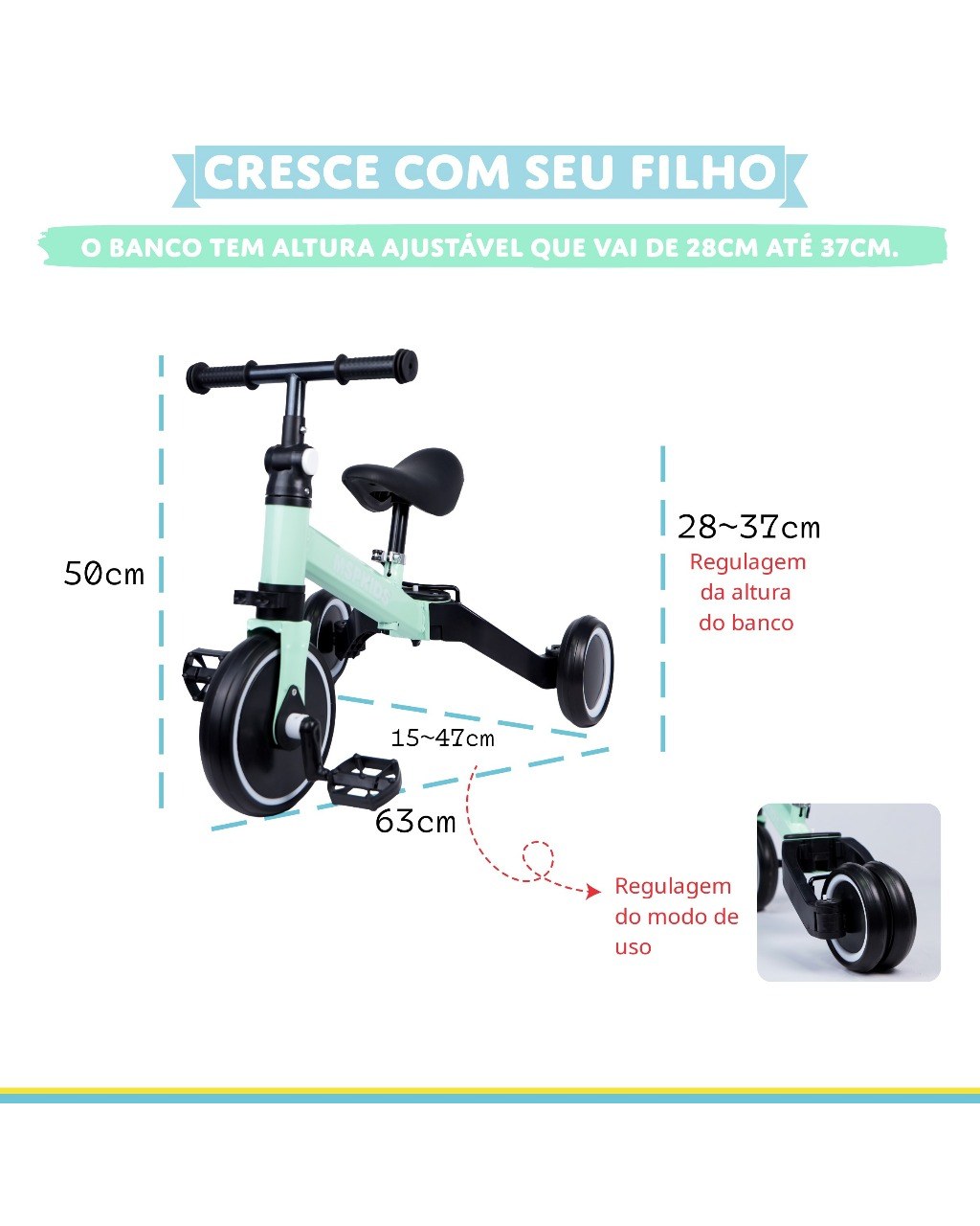 Triciclo 4 em 1 com Haste de Empurrar e Bicicleta de Equilíbrio - Rosa, foto 5