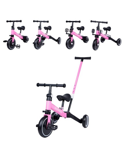 Triciclo 4 em 1 com Haste de Empurrar e Bicicleta de Equilíbrio - Rosa