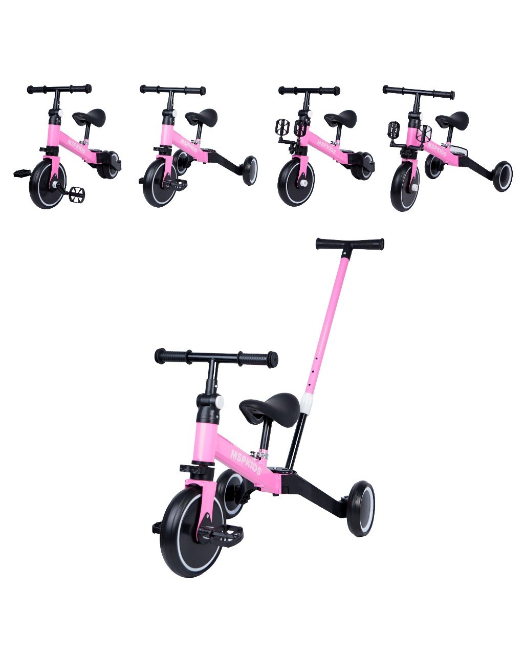 Triciclo 4 em 1 com Haste de Empurrar e Bicicleta de Equilíbrio - Rosa