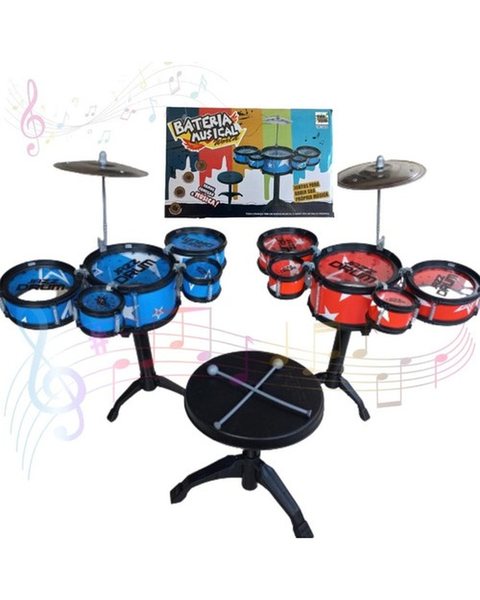 Bateria Infantil 5 Tambores com Banquinho - Azul