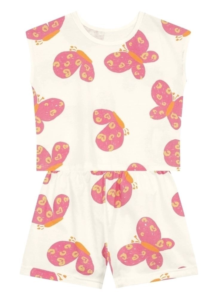 Conjunto infantil menina de coqueiros e borboletas Brandili - Off white