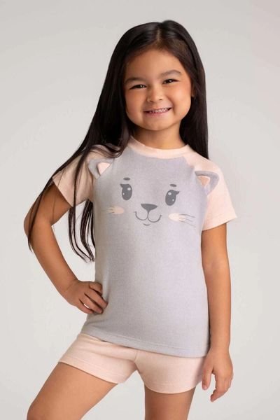 Pijama curto melange gatinha rosa infantil com aplicação