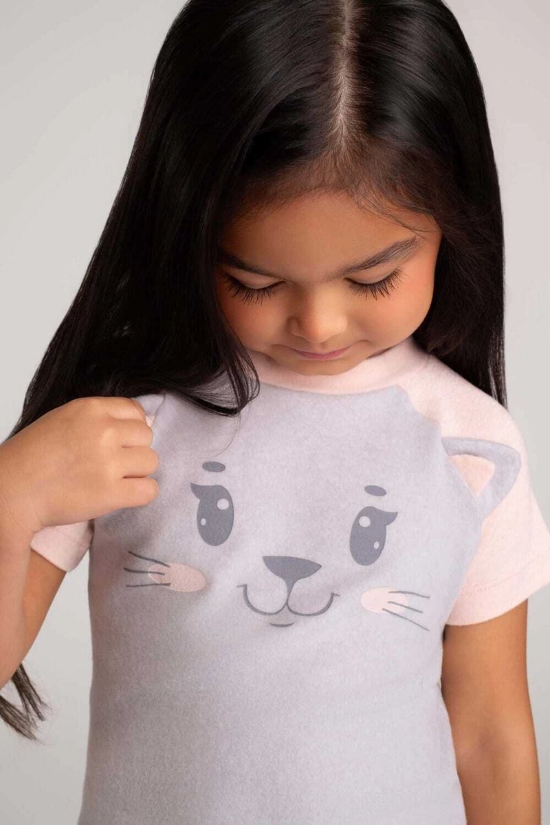 Pijama curto melange gatinha rosa infantil com aplicação, foto 2