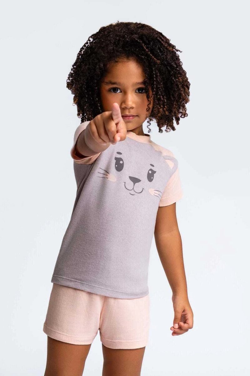 Pijama curto melange gatinha rosa infantil com aplicação, foto 3
