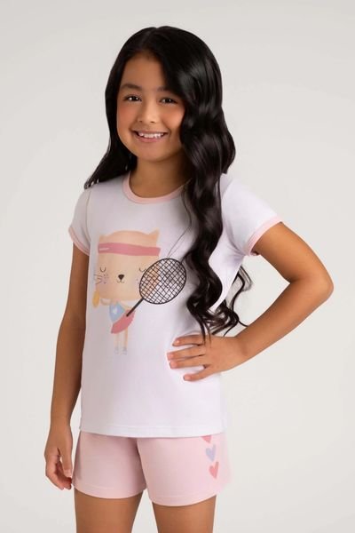 Pijama curto infantil branco e rosa gatinha- Dedeka e