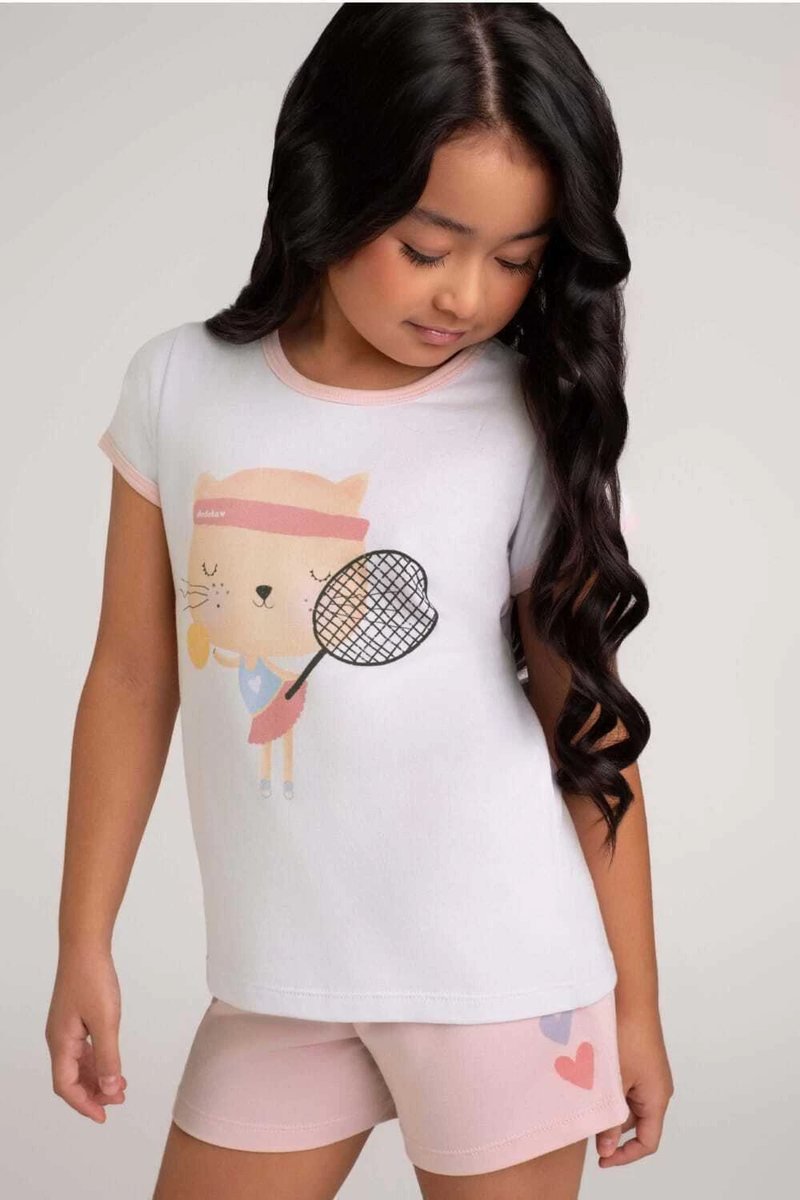 Pijama curto infantil branco e rosa gatinha- Dedeka e, foto 2