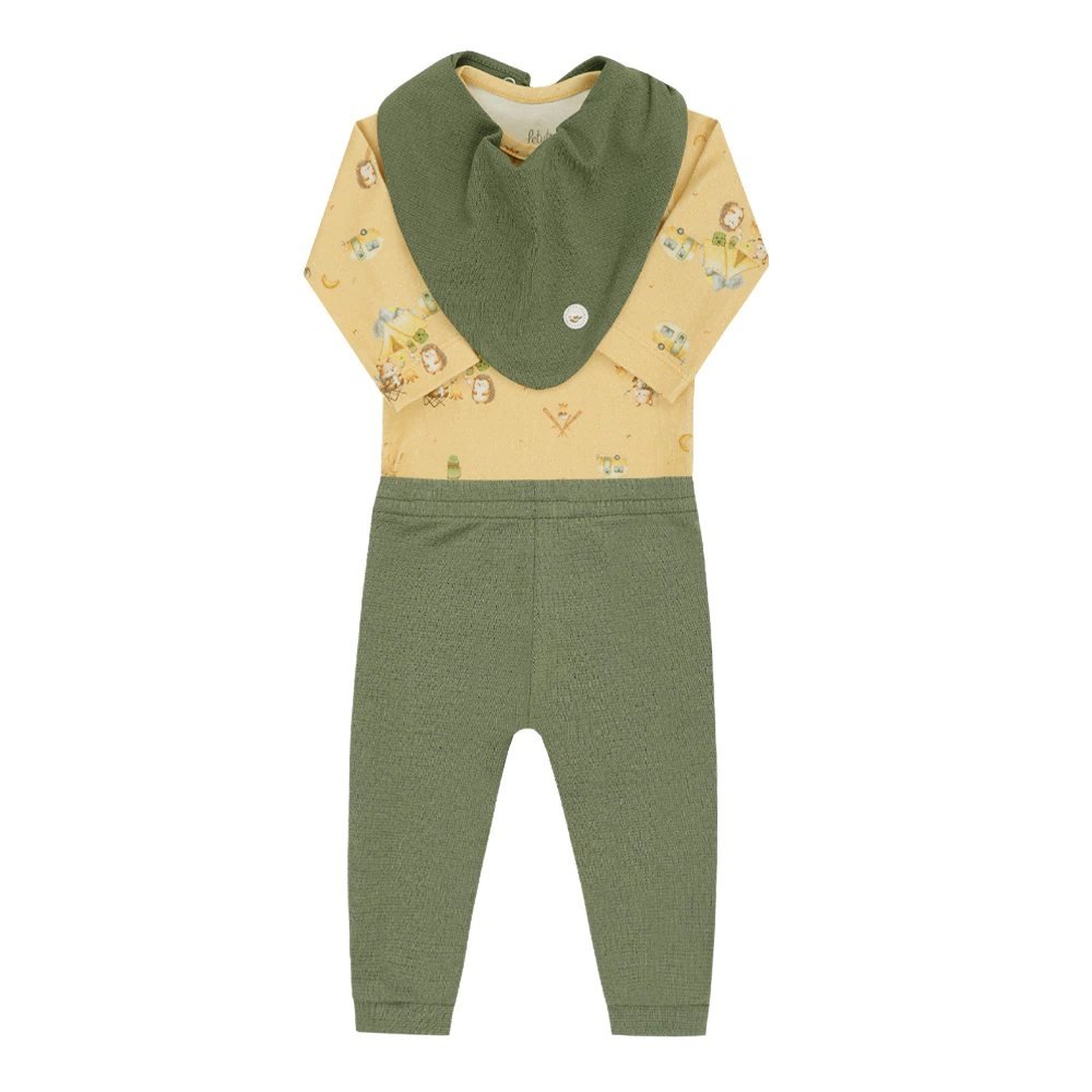 Kit Letut 3 Peças - Body + Calça + Babador Badana Menino/ Menina/Unissex - Verde
