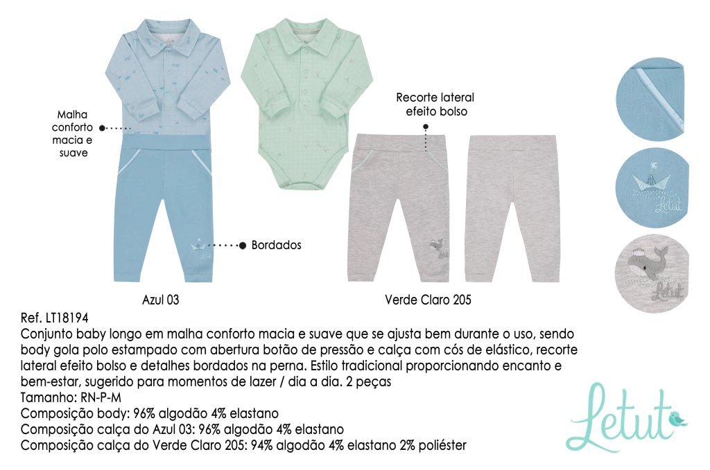Conjunto Letut Manga Longa com Gola Polo Masculino Azul, foto 4