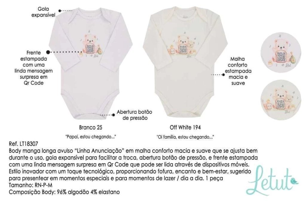 Body Bebê Linha Anunciação Letut - Com QR Code Musical e Mensagem Surpresa Tam RN e P - Branco, foto 2