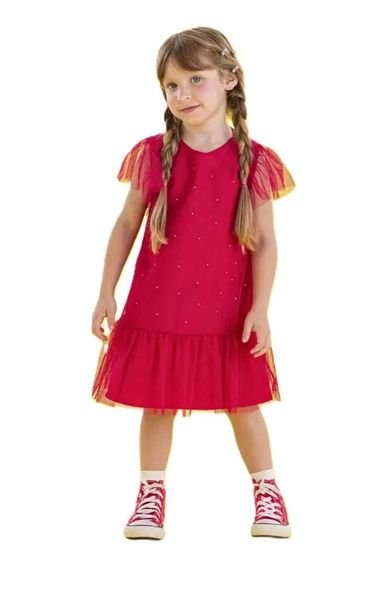 Vestido Málagah com Sobreposição em Tule Vermelho Glitter