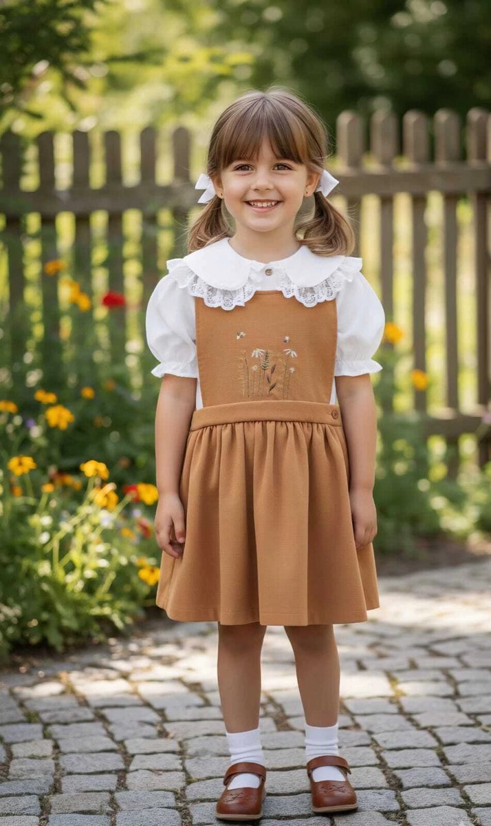 Vestido Jardineira - Salopete Infantil Flor de Lis em Linho - MOM - Marrom, foto 2