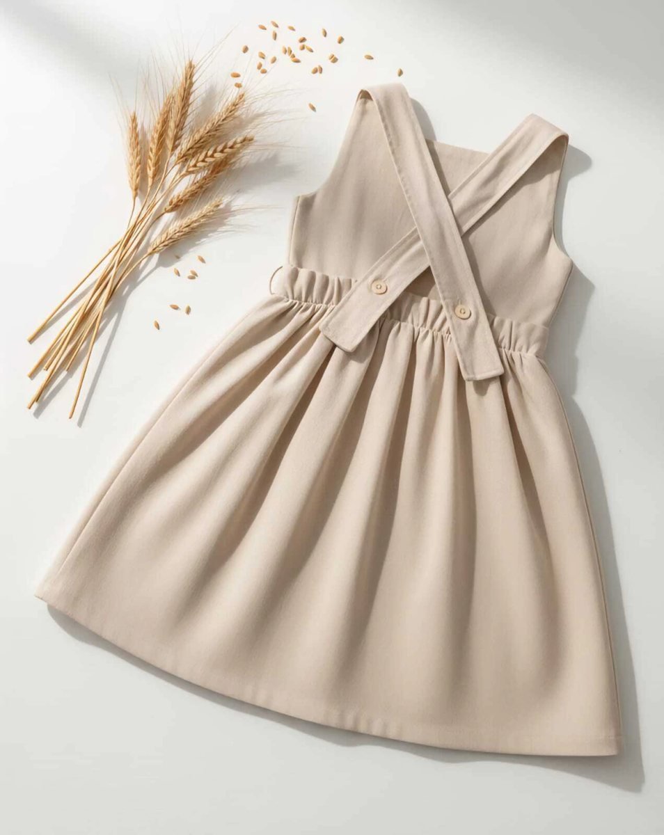 Vestido Jardineira - Salopete Infantil Flor de Lis em Linho - MOM - Bege, foto 2