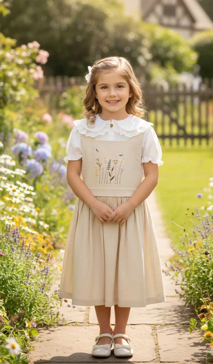 Vestido Jardineira - Salopete Infantil Flor de Lis em Linho - MOM - Bege, foto 4
