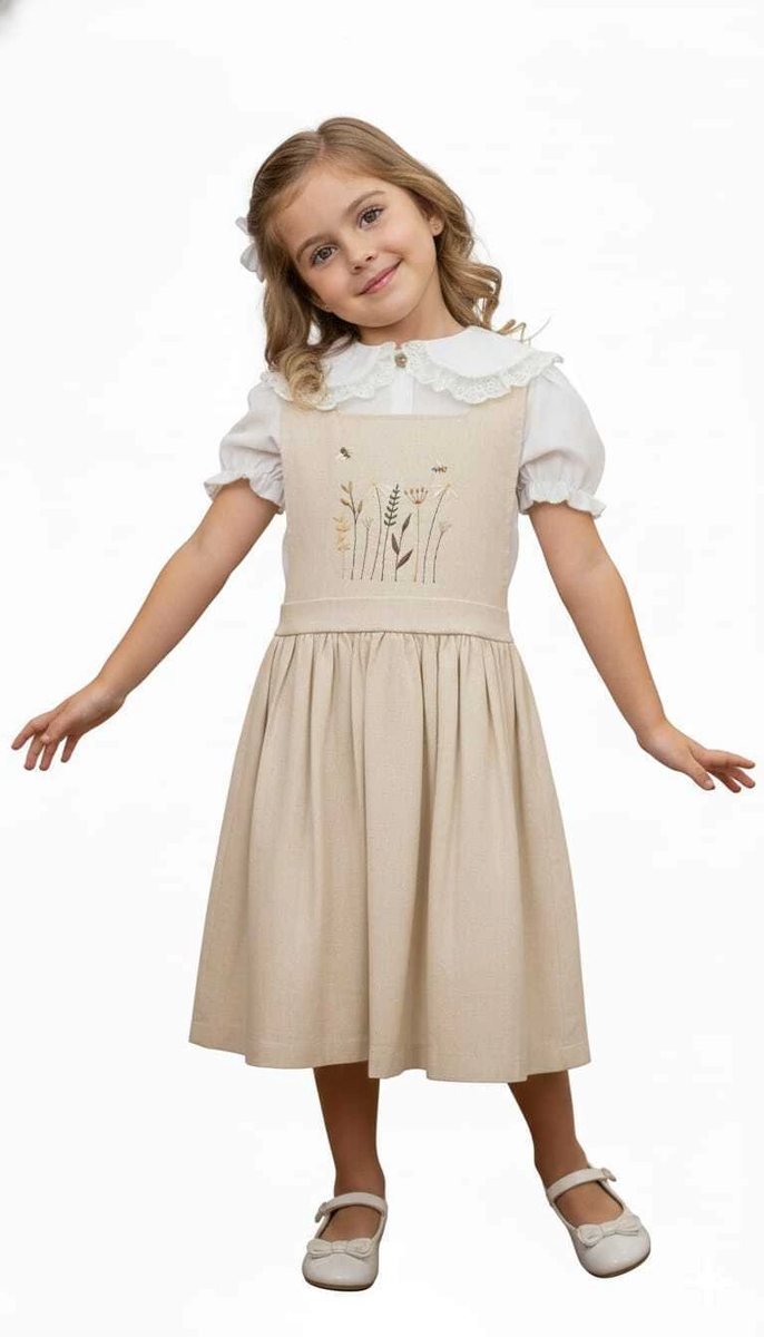 Vestido Jardineira - Salopete Infantil Flor de Lis em Linho - MOM - Bege, foto 6