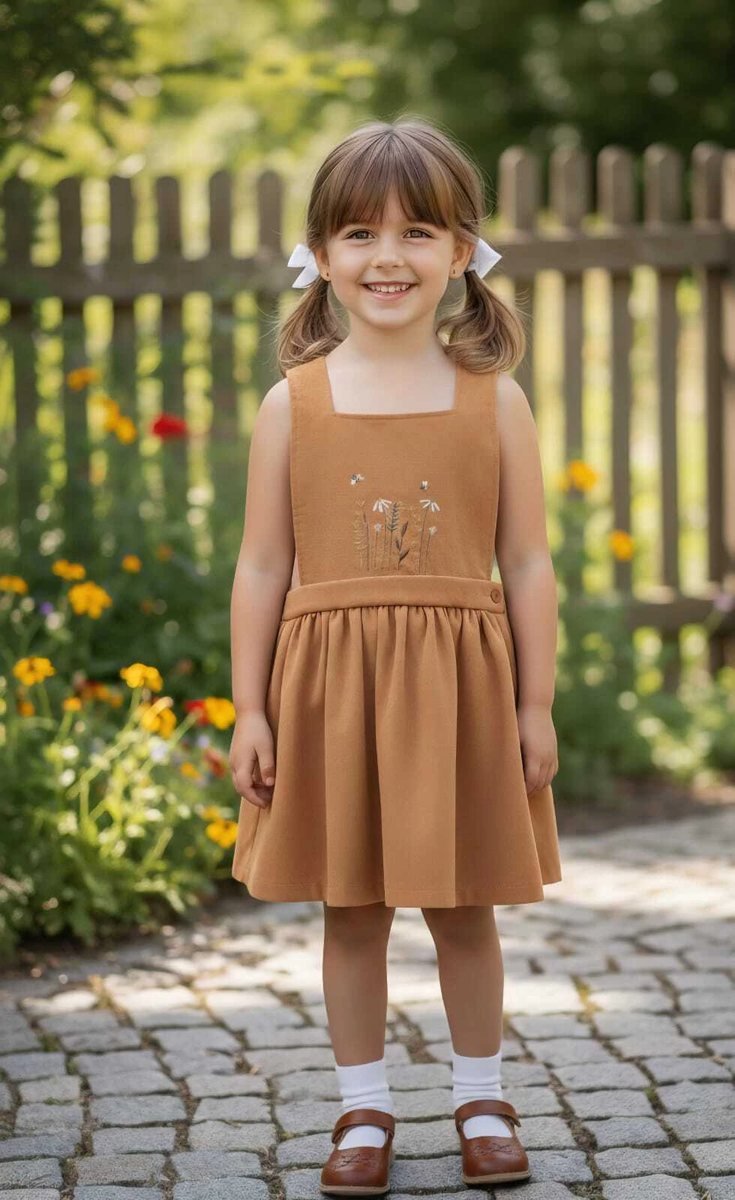 Vestido Jardineira - Salopete Infantil Flor de Lis em Linho - MOM - Marrom, foto 3