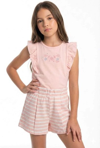 Conjunto Mundi Blusa com Babados e Bordado e Short em Linho