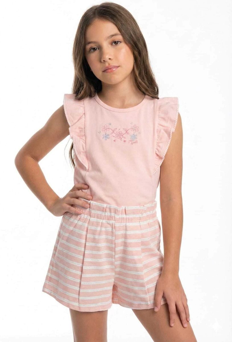 Conjunto Mundi Blusa com Babados e Bordado e Short em Linho