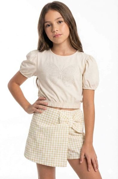 Conjunto Mundi Cropped Manga Princesa Estampa Strass e Short Saia Xadrez