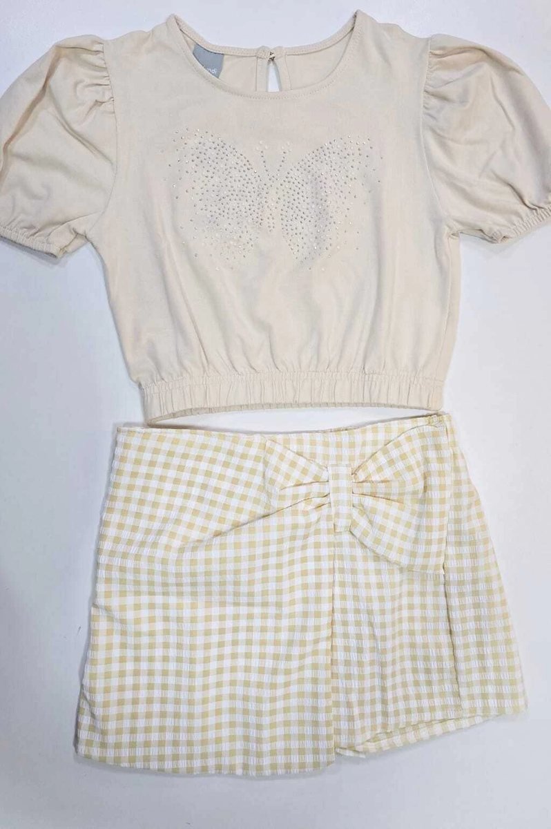 Conjunto Mundi Cropped Manga Princesa Estampa Strass e Short Saia Xadrez, foto 2