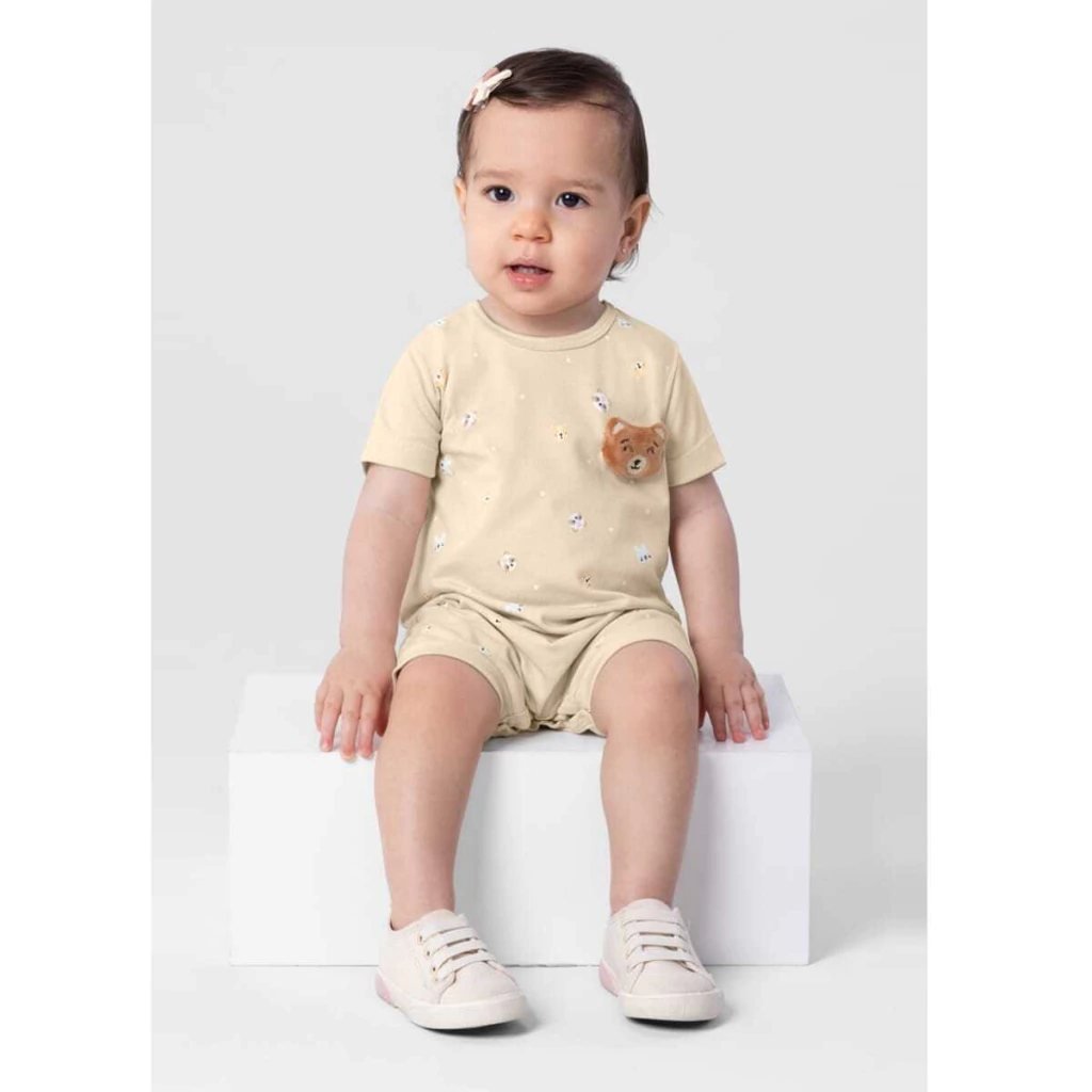 Macacão Curto Bebê Malha Ursinhos Brandili - Bege, foto 2