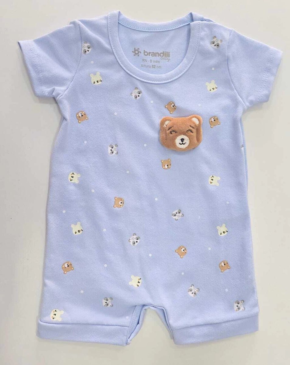 Macacão Curto Bebê Malha Ursinhos Brandili - Azul claro