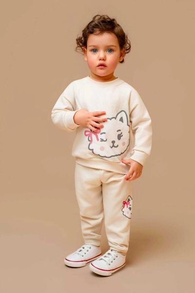 Conjunto moletinho Reglan bege gatinha infantil -dedeka