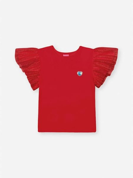 Blusa Cinti Manga Curta com Manga em Tule - Natural/ Vermelha - Vermelho