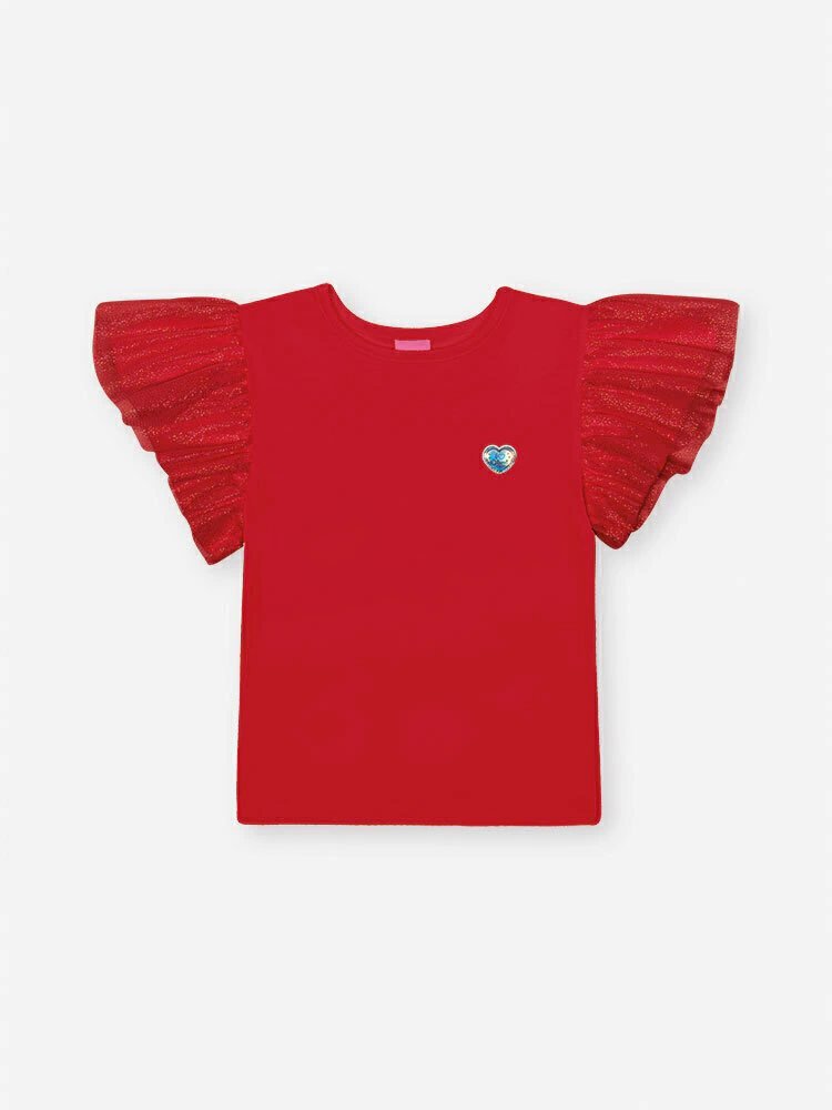 Blusa Cinti Manga Curta com Manga em Tule - Natural/ Vermelha - Vermelho