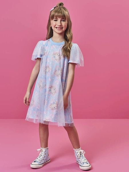 Vestido Cinti Ursinhos e Borboletas - Azul Porcelana
