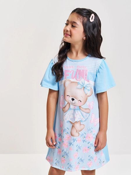 Vestido Cinti Urso Fun com Strass Azul Porcelana