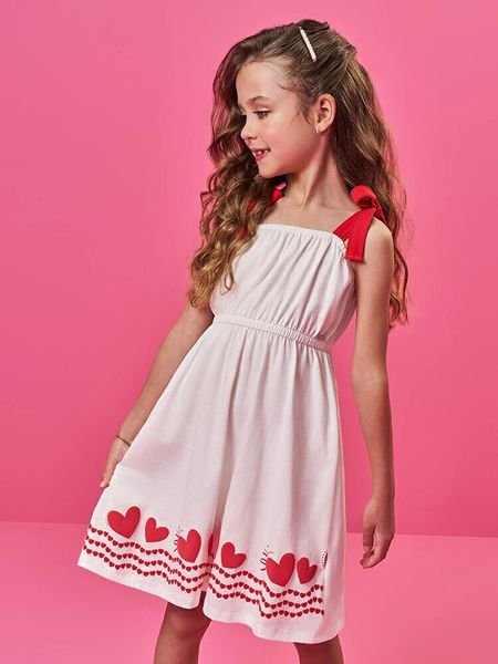 Vestido Cinti Corações - Natural/Vermelho