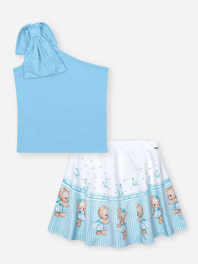 Conjunto Cinti Blusa Laço Ombro Único e Saia/Shorts / Azul Porcelana, foto 3