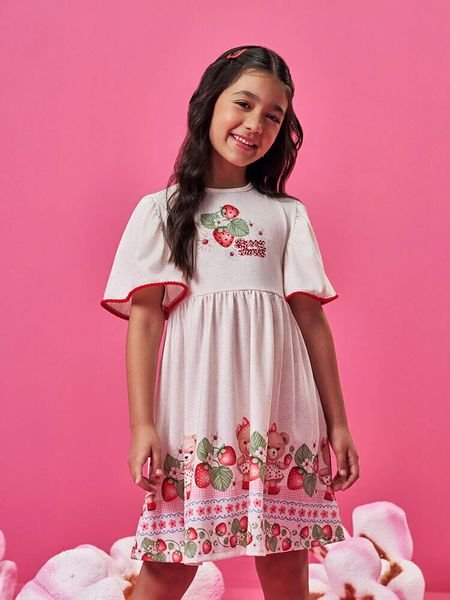 Vestido Cinti Estampa Morangos Off White Tam: 4-6-8-10