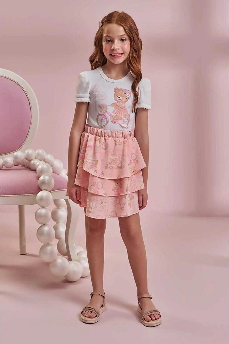 Conjunto de Blusa em Cotton e Saia em Light Peach (com Shorts Embutido) Kukiê Infantil Menina