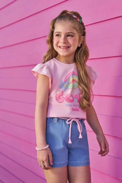 Conjunto de Blusa em Meia Malha e Shorts em Jeans com Elastano Kukiê Infantil Menina