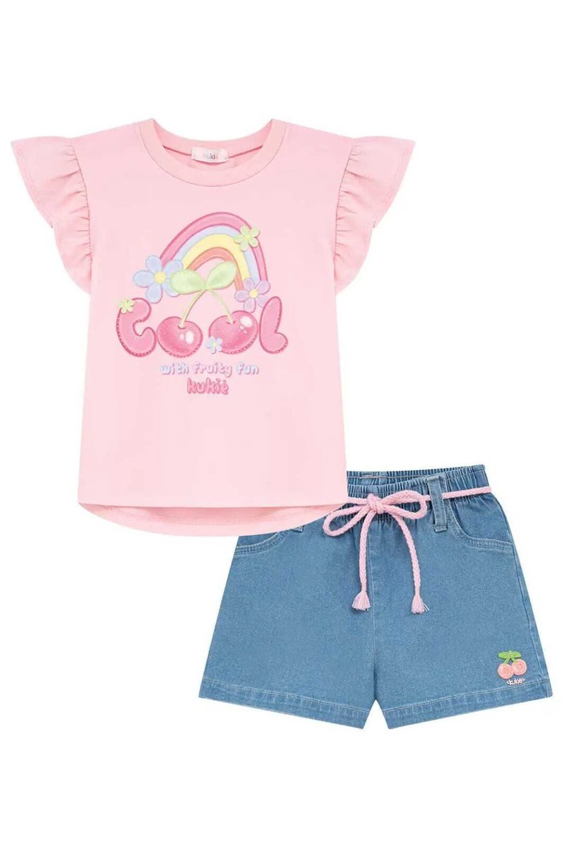 Conjunto de Blusa em Meia Malha e Shorts em Jeans com Elastano Kukiê Infantil Menina, foto 3