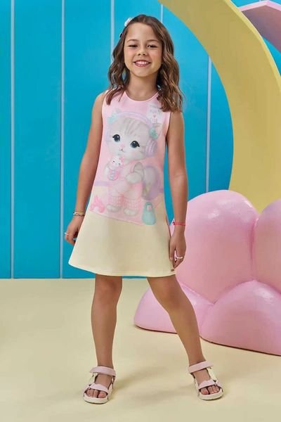 Vestido em Fly Tech Kukiê Infantil Menina- gato rosa