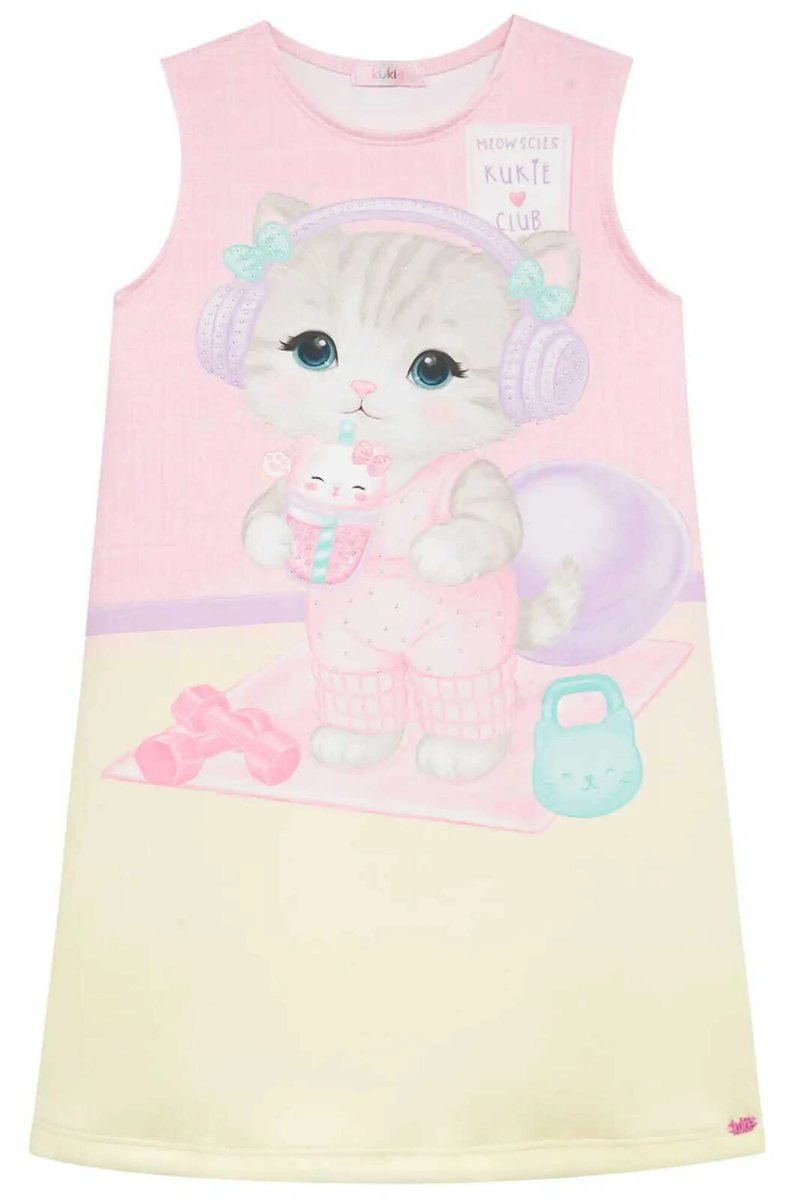 Vestido em Fly Tech Kukiê Infantil Menina- gato rosa, foto 3