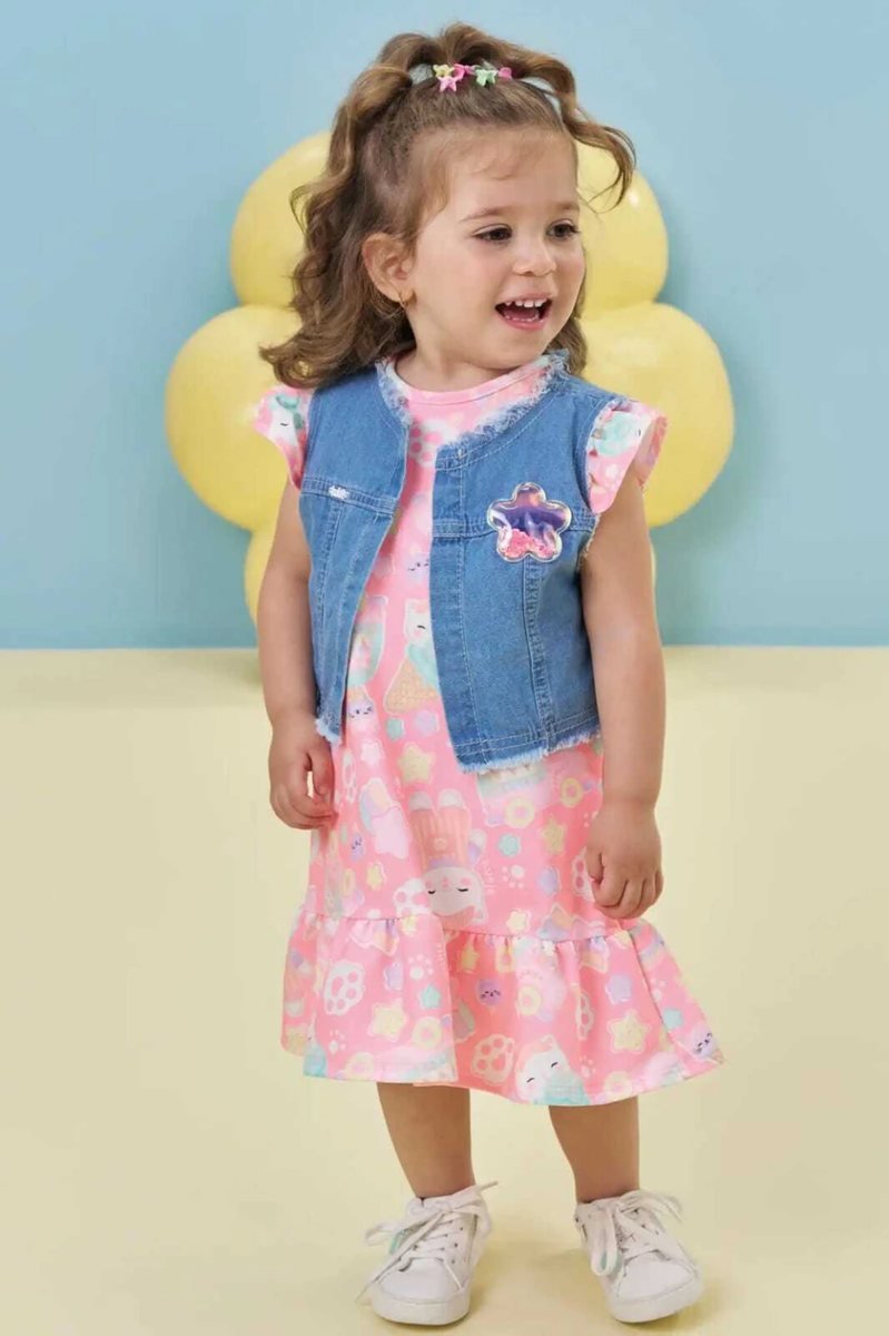 Vestido em Molecotton e Colete em Jeans Kukiê Infantil Menina