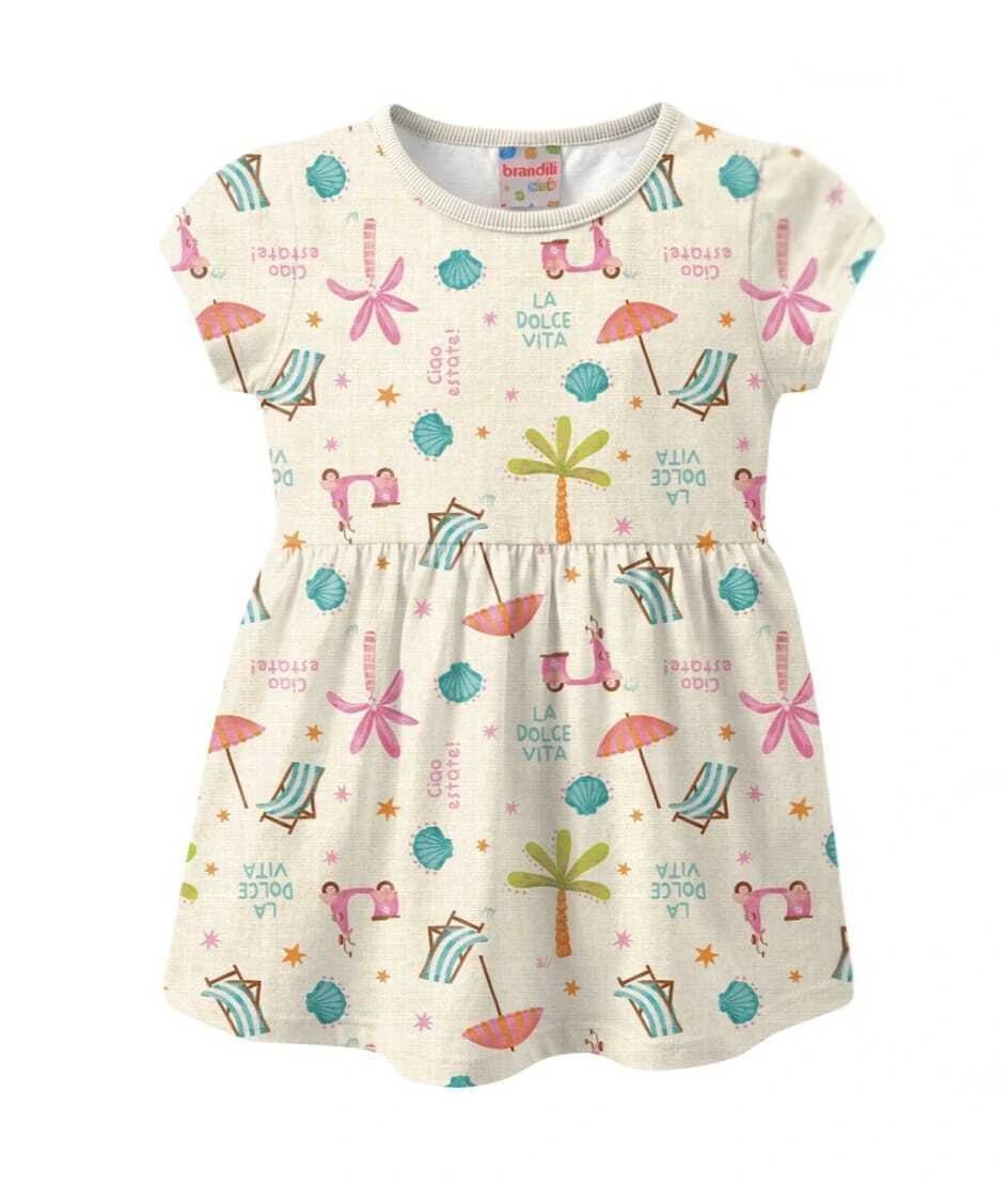 Vestido Infantil Menina de Morangos e Praia Brandili - Praia - Off White