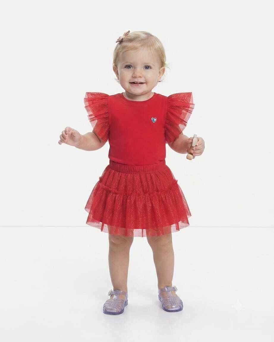Saia Short Cinti Infantil com Brilho e Forro em Algodão Rosa Iogurte/ Vermelho - Vermelho, foto 2