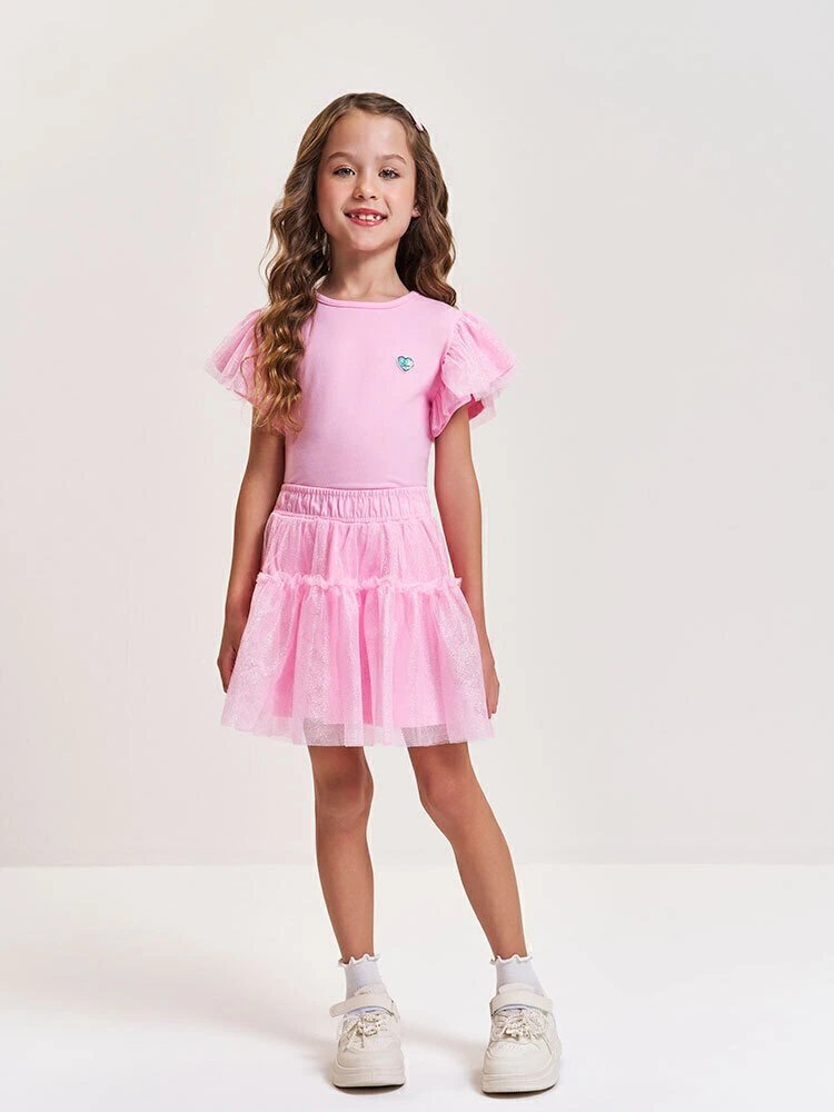 Saia Short Cinti Infantil com Brilho e Forro em Algodão Rosa Iogurte/ Vermelho - Rosa, foto 2