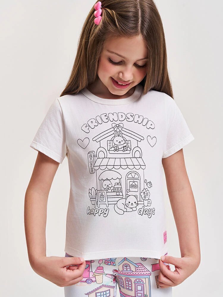 Blusa Infantil para Colorir com Canetinhas - Camiseta Menina Verão Interativa Natural/Cafeteria
