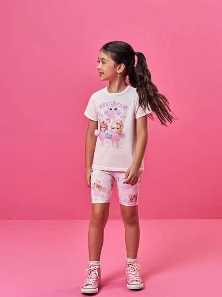 Conjunto Infantil Menina Cheerleader com Bermuda Ciclista Estampada Natural/Rs Confete