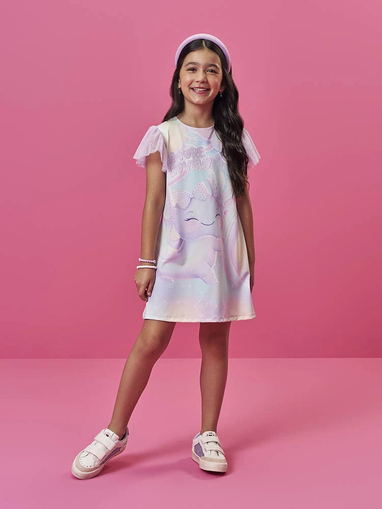 Vestido Sara Salamandra Lilás Infantil Cinti com Manga em Tule Foil - Referência: