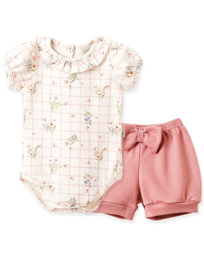 Conjunto Pingo Lelê Body Manga Curta e Shorts - Xadrez/Floral, foto 2